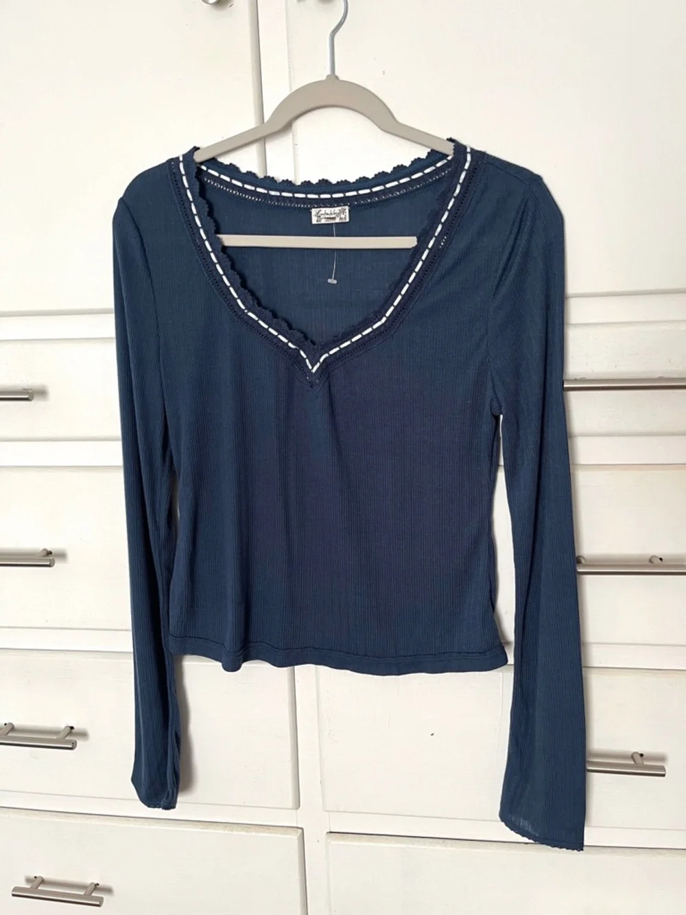 Free People Only You Long-Sleeve Navy only Ribbed Lace-Trim Top size